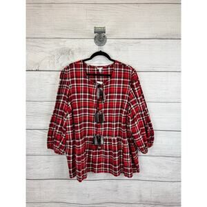 Cato Plus Size Red Christmas Plaid Sequin Bow Front Blouse Size 26/28W